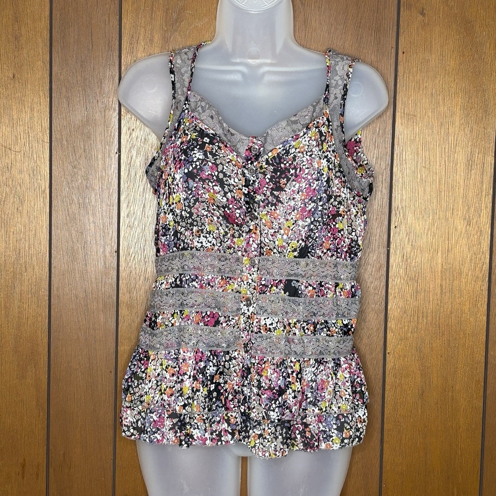 Y2K Girl Krazy Tank Top S Floral Peplum Lace Trim Festival Cottage Boho Fairy